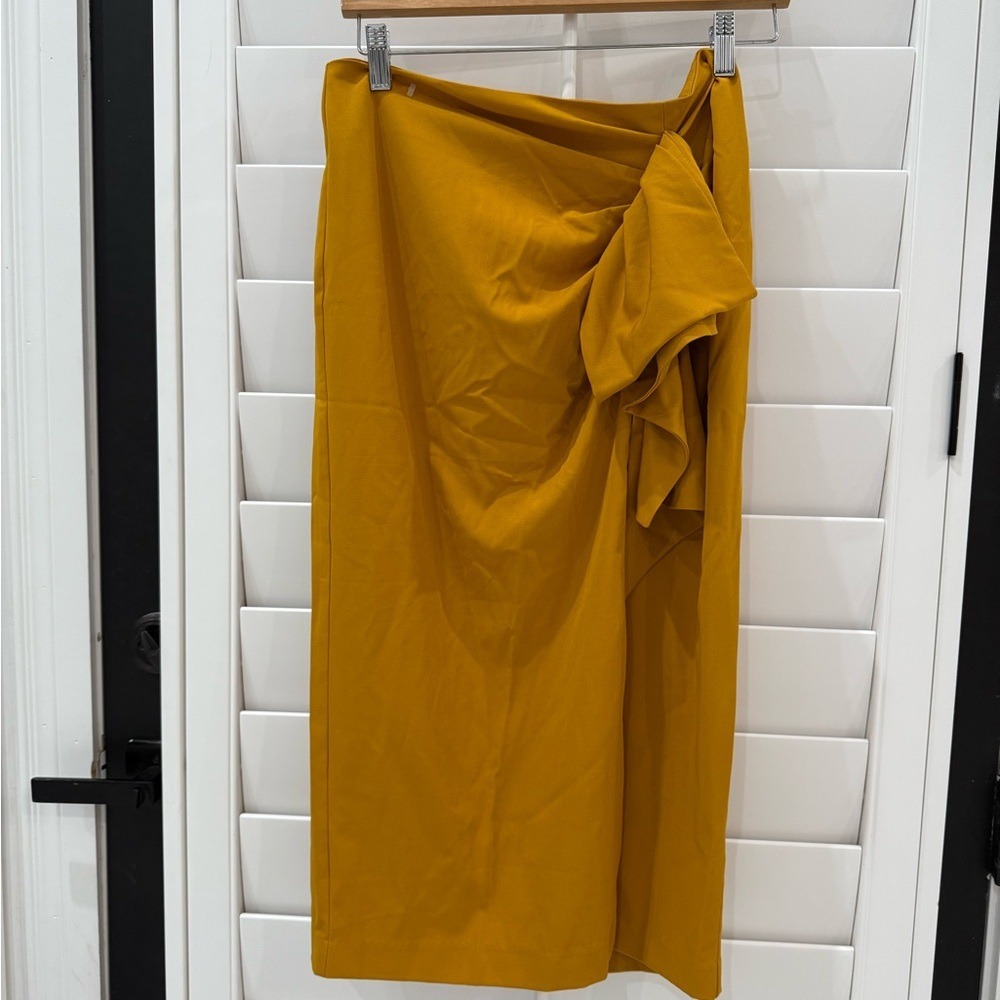Gracia Mustard Yellow Draped Knot Front Midi Skirt Ruched Pencil Ochre L